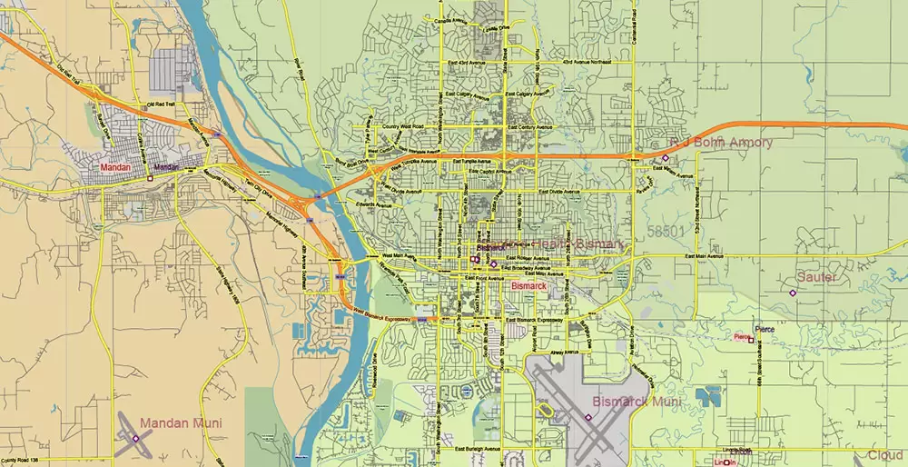 North Dakota US PDF Vector Map: Exact State Plan High Detailed Road Map + Counties + Zipcodes + Airports editable Adobe PDF in layers