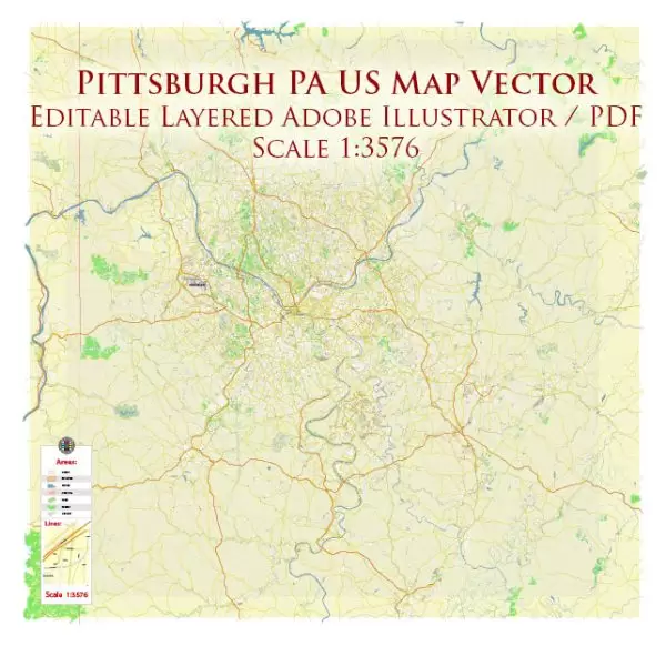 Pittsburgh Pennsylvania Metro Area Map Vector Accurate High Detailed City Plan + Zipcodes editable Adobe Illustrator Street Map in layers