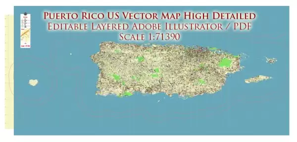Puerto Rico Full State US Vector Map: Full Extra High Detailed (all roads, zipcodes, airports) editable Adobe Illustrator in layers