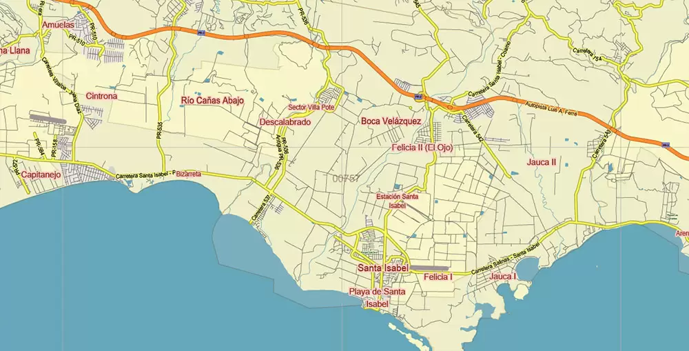 Puerto Rico Full State US Vector Map: Full Extra High Detailed (all roads, zipcodes, airports) editable Adobe Illustrator in layers