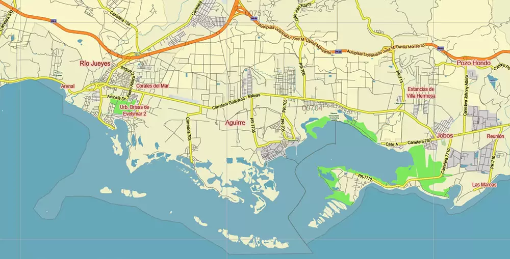 Puerto Rico Full State US Vector Map: Full Extra High Detailed (all roads, zipcodes, airports) editable Adobe Illustrator in layers