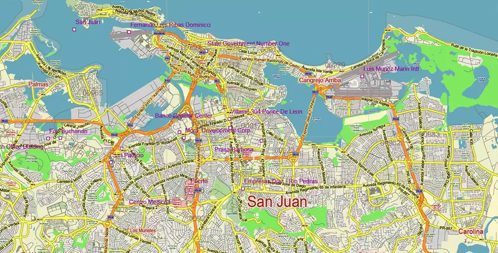 Puerto Rico Full State US Vector Map: Full Extra High Detailed (all roads, zipcodes, airports) editable Adobe Illustrator in layers