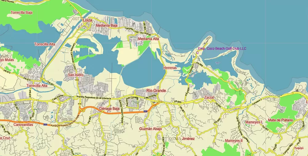 Puerto Rico Full State US Vector Map: Full Extra High Detailed (all roads, zipcodes, airports) editable Adobe Illustrator in layers