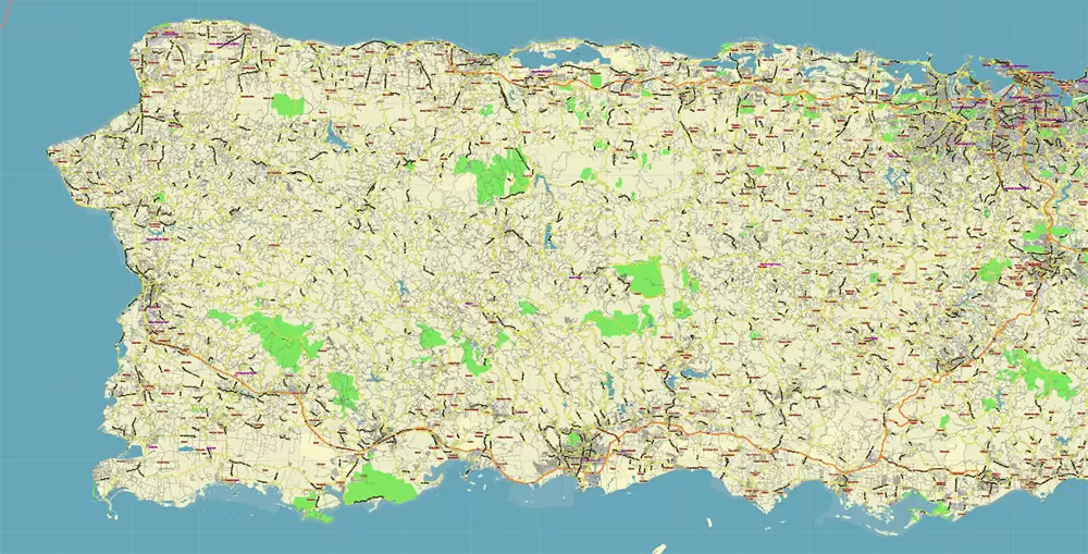 Puerto Rico Full State US Vector Map: Full Extra High Detailed (all roads, zipcodes, airports) editable Adobe Illustrator in layers