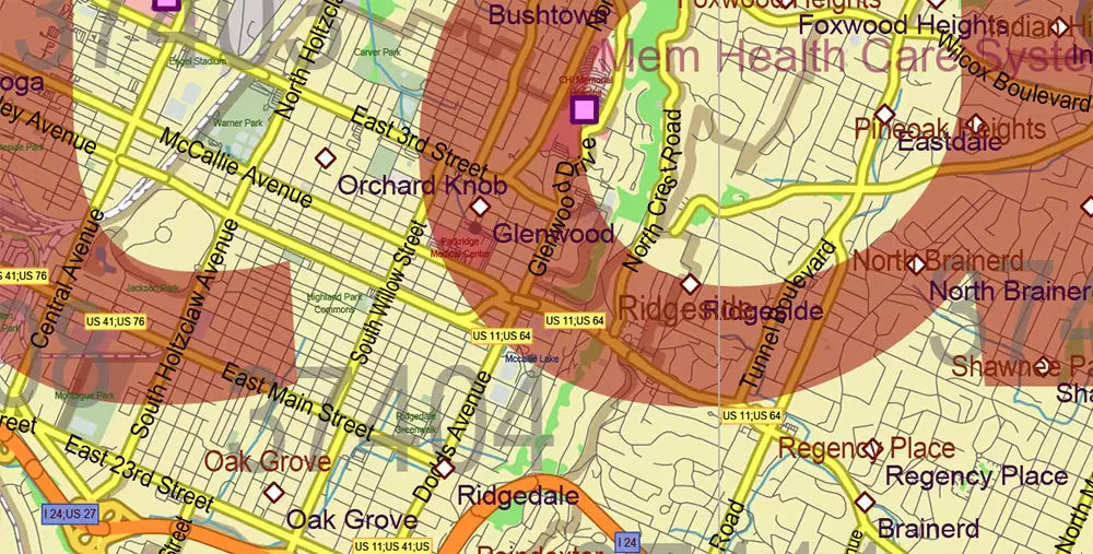 Tennessee US Map Vector Exact State Plan High Detailed Road Map + admin + Zipcodes editable Adobe Illustrator in layers