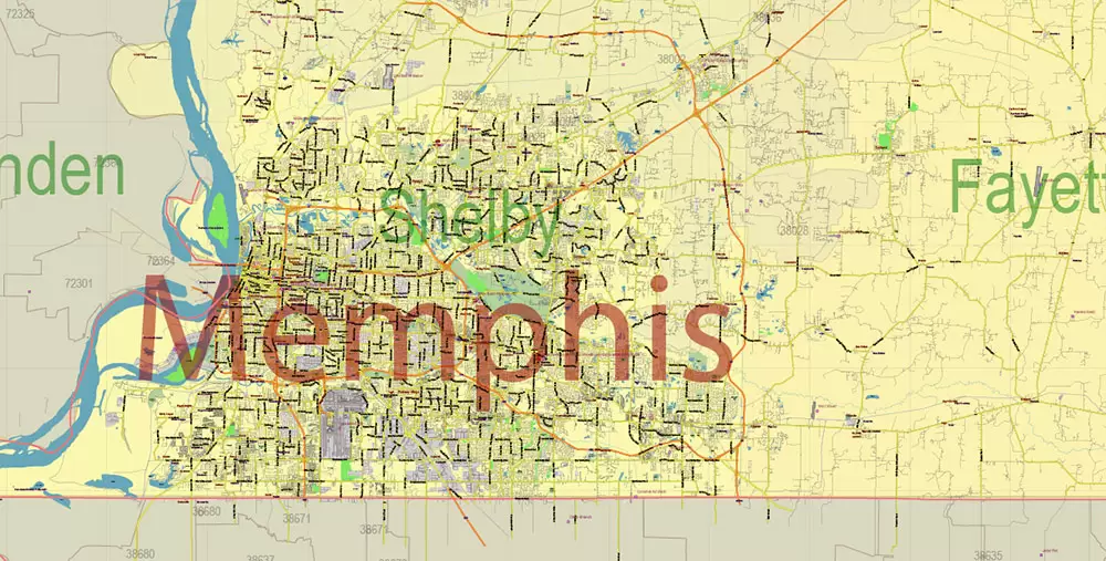Tennessee US Map Vector Exact State Plan High Detailed Road Map + admin + Zipcodes editable Adobe Illustrator in layers
