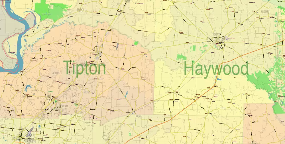 Tennessee US Map Vector Exact State Plan High Detailed Road Map + admin + Zipcodes editable Adobe Illustrator in layers