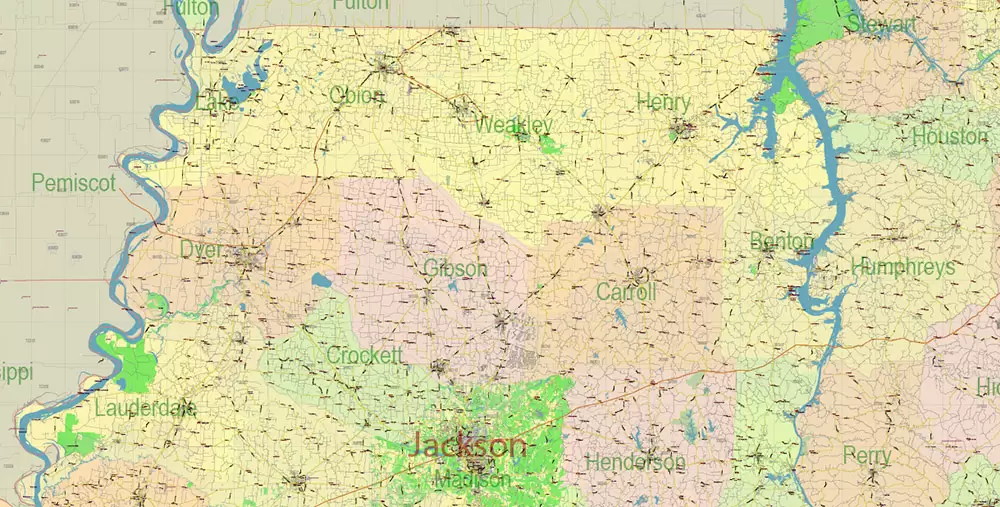 Tennessee US Map Vector Exact State Plan High Detailed Road Map + admin + Zipcodes editable Adobe Illustrator in layers