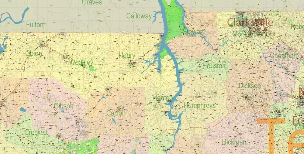 Tennessee US Map Vector Exact State Plan High Detailed Road Map + admin + Zipcodes editable Adobe Illustrator in layers