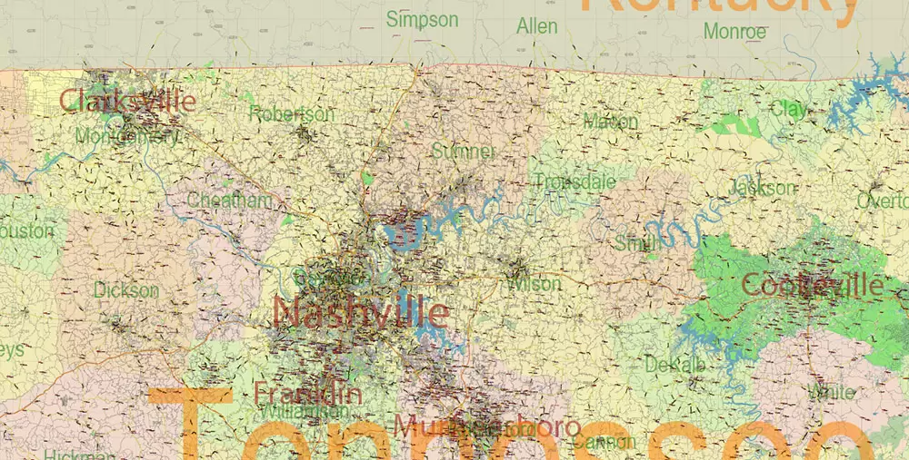 Tennessee US Map Vector Exact State Plan High Detailed Road Map + admin + Zipcodes editable Adobe Illustrator in layers