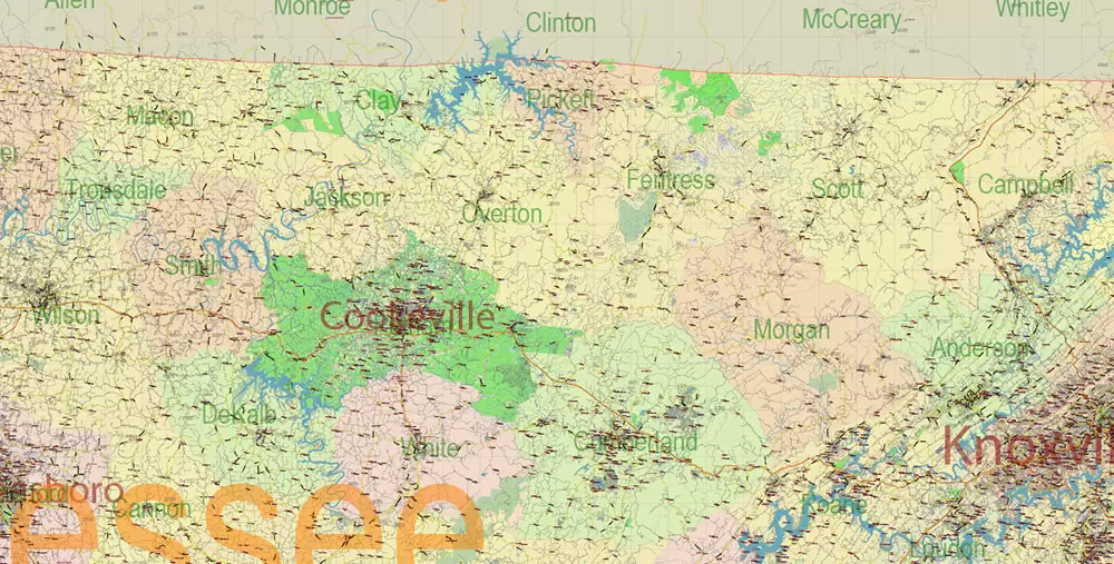 Tennessee US Map Vector Exact State Plan High Detailed Road Map + admin + Zipcodes editable Adobe Illustrator in layers