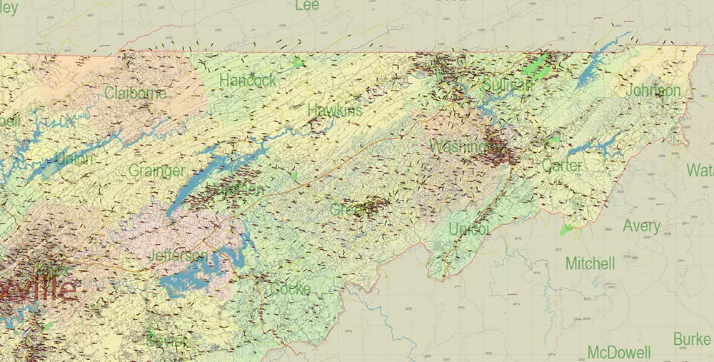 Tennessee US Map Vector Exact State Plan High Detailed Road Map + admin + Zipcodes editable Adobe Illustrator in layers