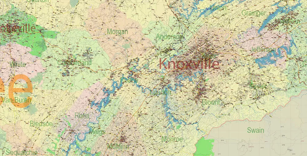 Tennessee US Map Vector Exact State Plan High Detailed Road Map + admin + Zipcodes editable Adobe Illustrator in layers