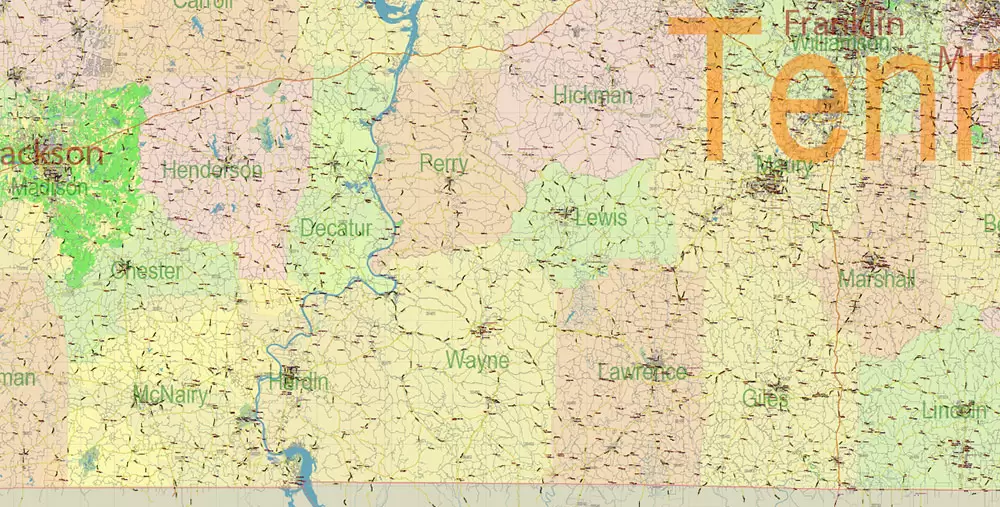 Tennessee US Map Vector Exact State Plan High Detailed Road Map + admin + Zipcodes editable Adobe Illustrator in layers