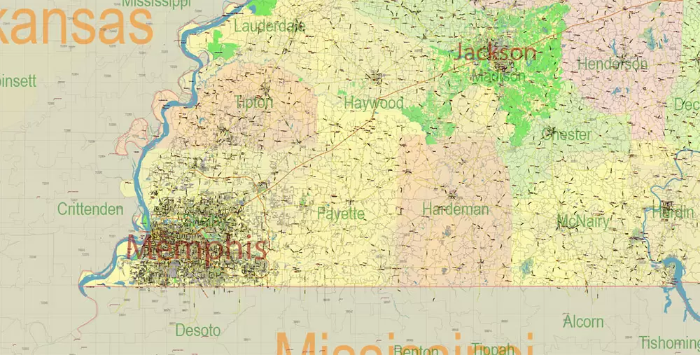 Tennessee US Map Vector Exact State Plan High Detailed Road Map + admin + Zipcodes editable Adobe Illustrator in layers