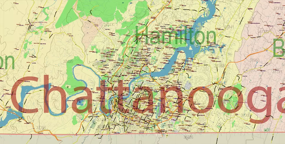 Tennessee US Map Vector Exact State Plan High Detailed Road Map + admin + Zipcodes editable Adobe Illustrator in layers
