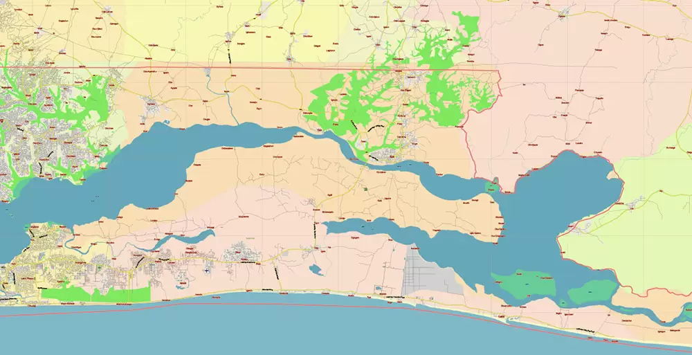 Lagos State, Nigeria PDF Vector Map: Full Extra High Detailed + Admin Areas editable Adobe PDF in layers