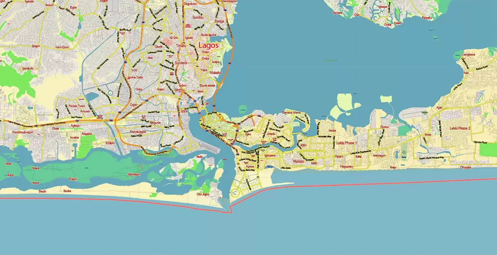 Lagos State, Nigeria PDF Vector Map: Full Extra High Detailed + Admin Areas editable Adobe PDF in layers