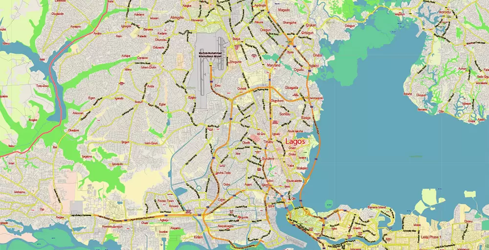 Lagos State, Nigeria PDF Vector Map: Full Extra High Detailed + Admin Areas editable Adobe PDF in layers