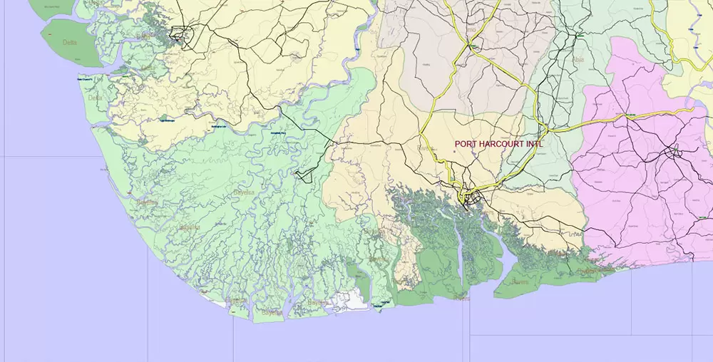Nigeria Full Country Map Vector Exact State Plan: Road Map + Counties + Airports + Railroads, editable Adobe Illustrator in layers