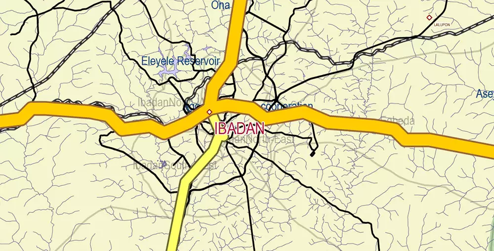 Nigeria Full Country Map Vector Exact State Plan: Road Map + Counties + Airports + Railroads, editable Adobe Illustrator in layers
