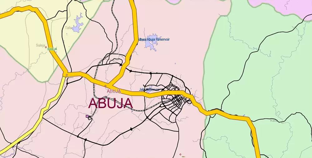 Nigeria Full Country Map Vector Exact State Plan: Road Map + Counties + Airports + Railroads, editable Adobe Illustrator in layers