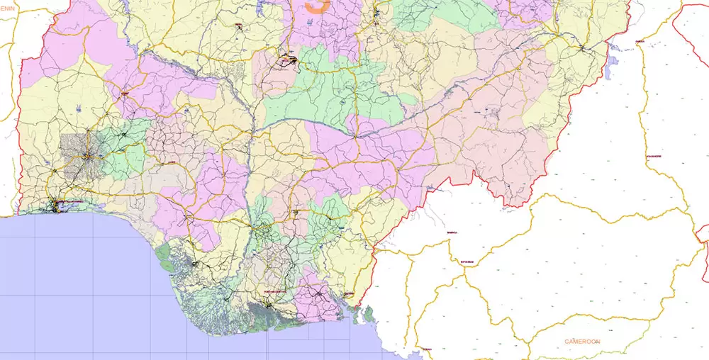 Nigeria Full Country Map Vector Exact State Plan: Road Map + Counties + Airports + Railroads, editable Adobe Illustrator in layers