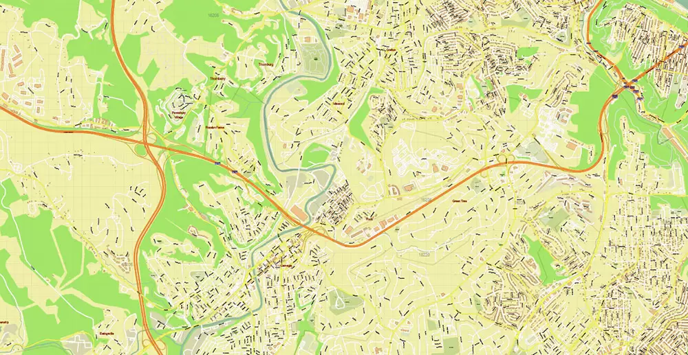 Pittsburgh Pennsylvania Metro Area Map Vector Exact State Plan High Detailed Road Map + Counties + Zipcodes editable Adobe Illustrator in layers