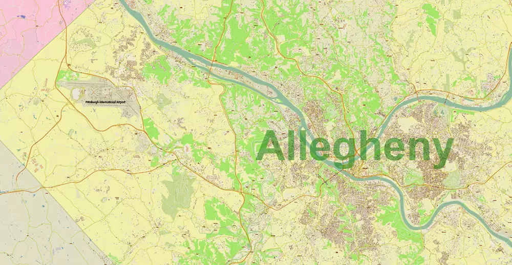 Pittsburgh Pennsylvania Metro Area Map Vector Exact State Plan High Detailed Road Map + Counties + Zipcodes editable Adobe Illustrator in layers