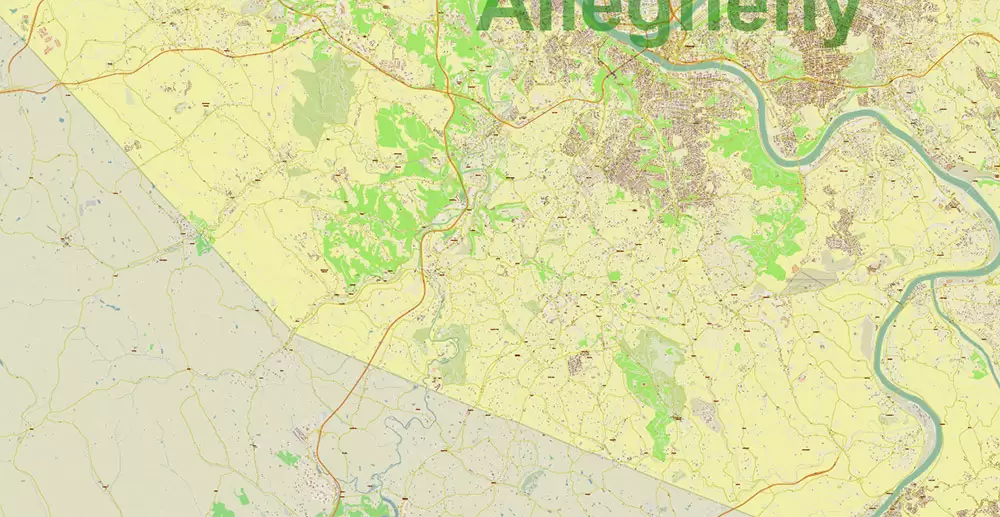 Pittsburgh Pennsylvania Metro Area Map Vector Exact State Plan High Detailed Road Map + Counties + Zipcodes editable Adobe Illustrator in layers