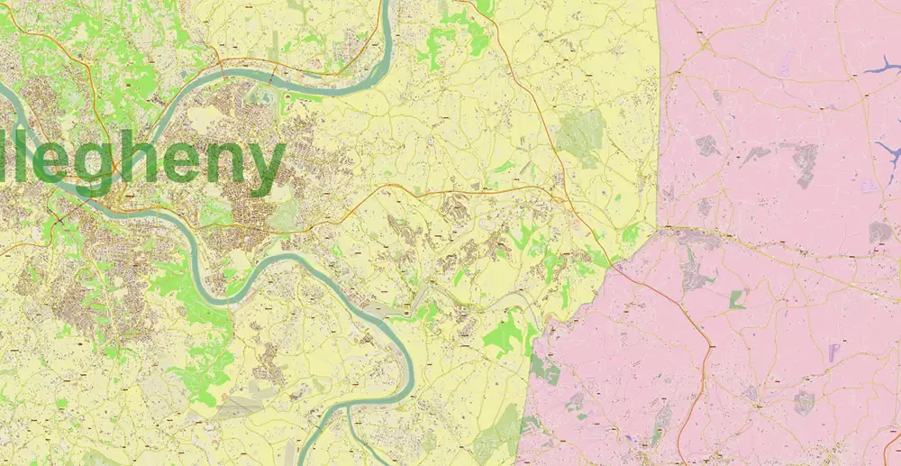 Pittsburgh Pennsylvania Metro Area Map Vector Exact State Plan High Detailed Road Map + Counties + Zipcodes editable Adobe Illustrator in layers