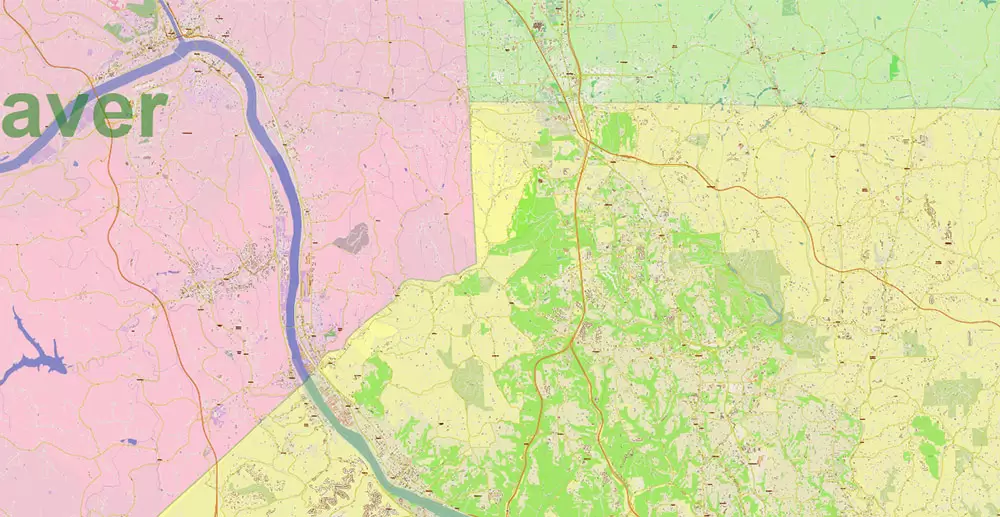 Pittsburgh Pennsylvania Metro Area Map Vector Exact State Plan High Detailed Road Map + Counties + Zipcodes editable Adobe Illustrator in layers