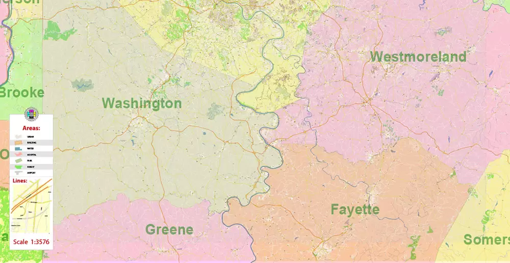 Pittsburgh Pennsylvania Metro Area Map Vector Exact State Plan High Detailed Road Map + Counties + Zipcodes editable Adobe Illustrator in layers
