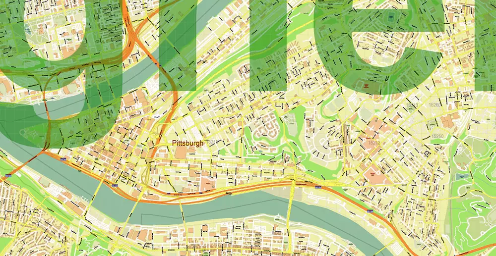 Pittsburgh Pennsylvania Metro Area Map Vector Exact State Plan High Detailed Road Map + Counties + Zipcodes editable Adobe Illustrator in layers