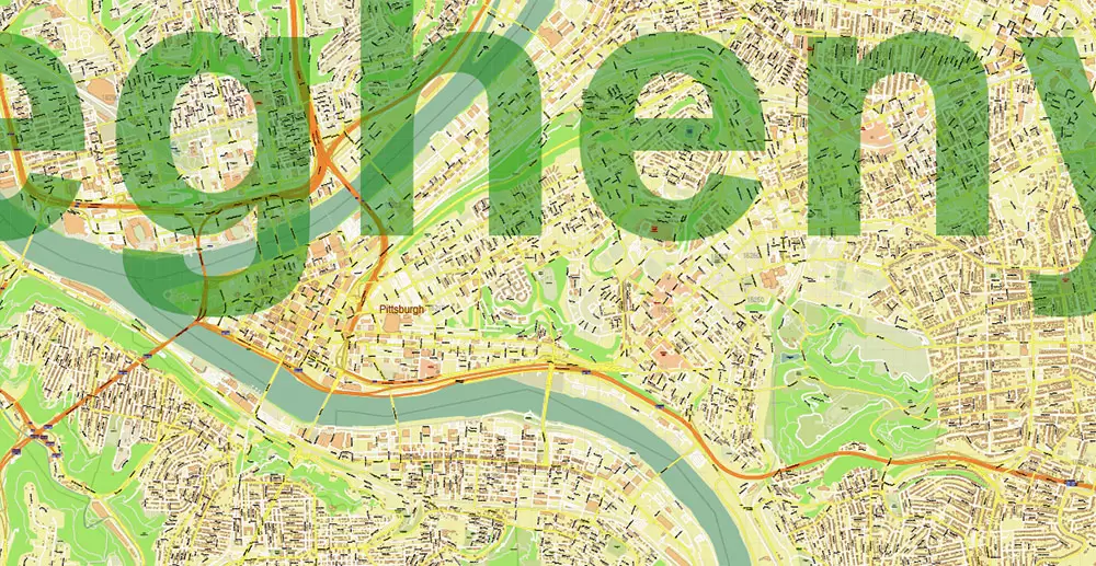 Pittsburgh Pennsylvania Metro Area Map Vector Exact State Plan High Detailed Road Map + Counties + Zipcodes editable Adobe Illustrator in layers