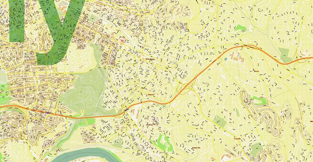 Pittsburgh Pennsylvania Metro Area Map Vector Exact State Plan High Detailed Road Map + Counties + Zipcodes editable Adobe Illustrator in layers