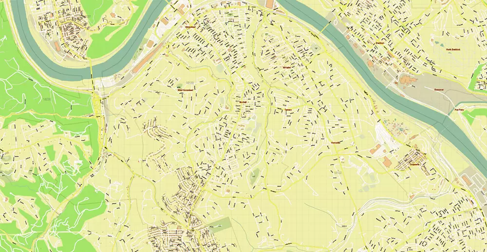 Pittsburgh Pennsylvania Metro Area Map Vector Exact State Plan High Detailed Road Map + Counties + Zipcodes editable Adobe Illustrator in layers