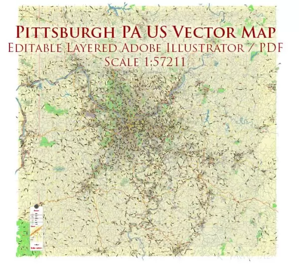 Pittsburgh Pennsylvania Metro Area Map Vector City Plan Low Detailed (for small print size) Street Map editable Adobe Illustrator in layers