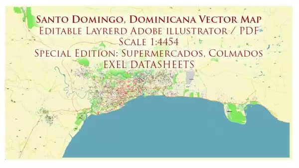 Santo Domingo Dominicana Metro Area Map Vector Exact City Plan High Detailed Street Map + Datasheets, editable Adobe Illustrator in layers