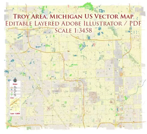 Troy Area, Michigan US Map Vector Accurate High Detailed City Plan editable Adobe Illustrator Street Map in layers
