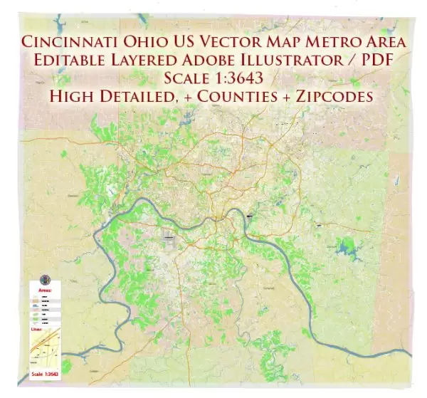 Cincinnati Ohio Metro Area US Map Vector Accurate High Detailed City Plan + ZIPcodes + Counties editable Adobe Illustrator Street Map in layers