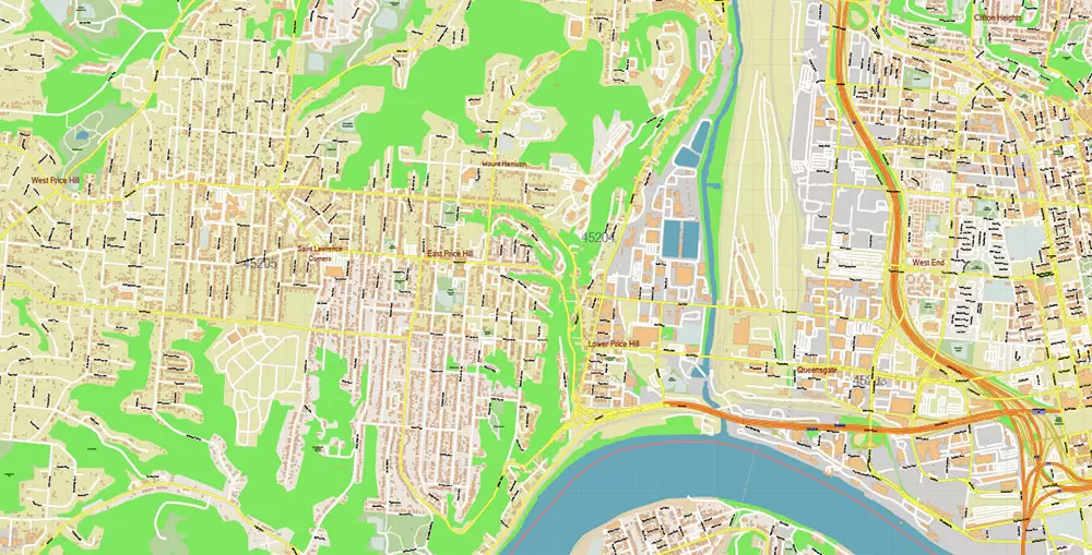 Cincinnati Ohio Metro Area US PDF Vector Map: Accurate High Detailed City Plan + ZIPcodes + Counties editable Adobe PDF Street Map in layers