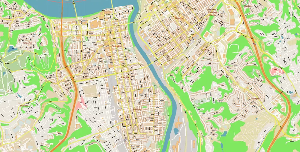 Cincinnati Ohio Metro Area US PDF Vector Map: Accurate High Detailed City Plan + ZIPcodes + Counties editable Adobe PDF Street Map in layers