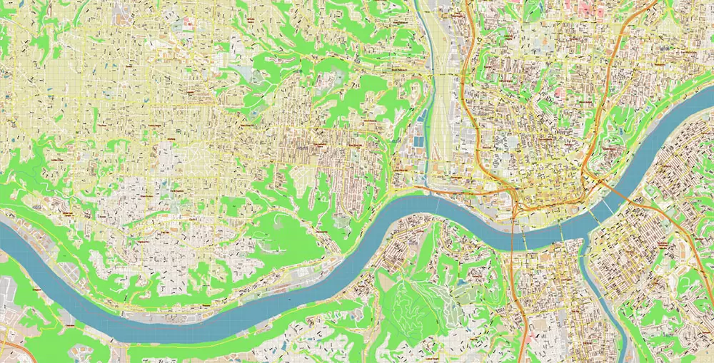 Cincinnati Ohio Metro Area US PDF Vector Map: Accurate High Detailed City Plan + ZIPcodes + Counties editable Adobe PDF Street Map in layers