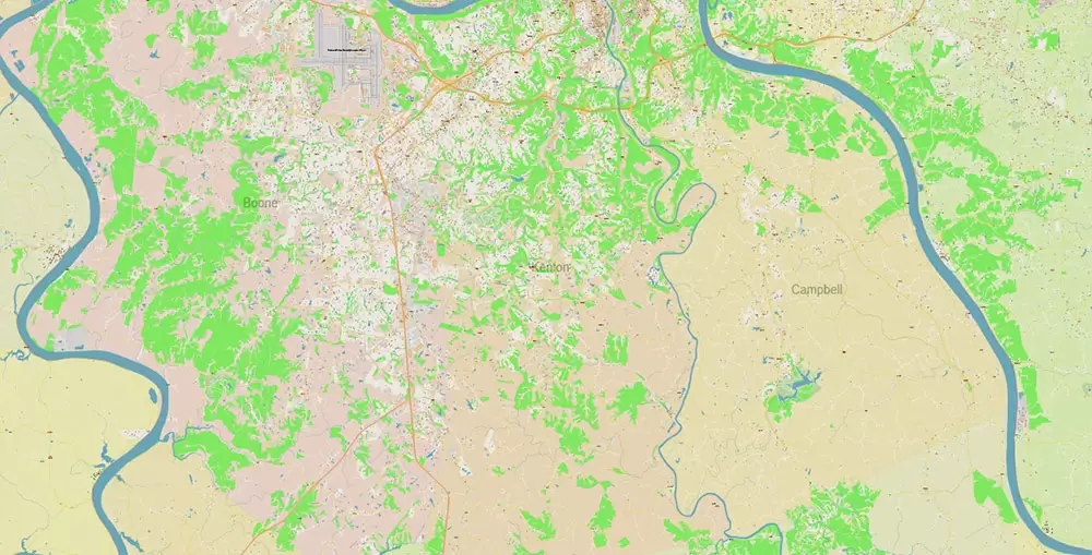 Cincinnati Ohio Metro Area US PDF Vector Map: Accurate High Detailed City Plan + ZIPcodes + Counties editable Adobe PDF Street Map in layers