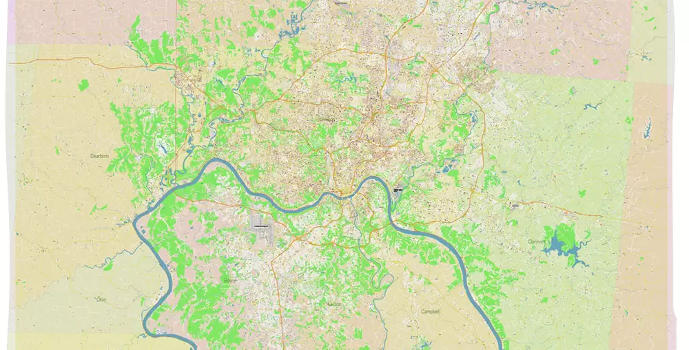 Cincinnati Ohio Metro Area US PDF Vector Map: Accurate High Detailed City Plan + ZIPcodes + Counties editable Adobe PDF Street Map in layers