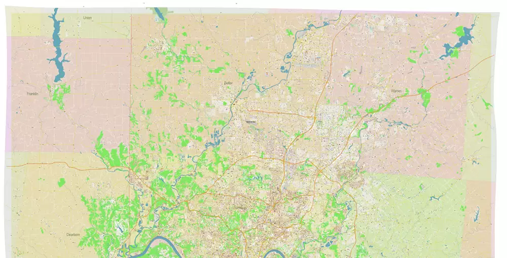 Cincinnati Ohio Metro Area US PDF Vector Map: Accurate High Detailed City Plan + ZIPcodes + Counties editable Adobe PDF Street Map in layers