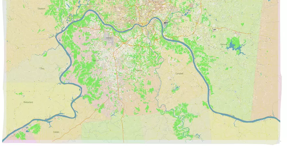 Cincinnati Ohio Metro Area US PDF Vector Map: Accurate High Detailed City Plan + ZIPcodes + Counties editable Adobe PDF Street Map in layers