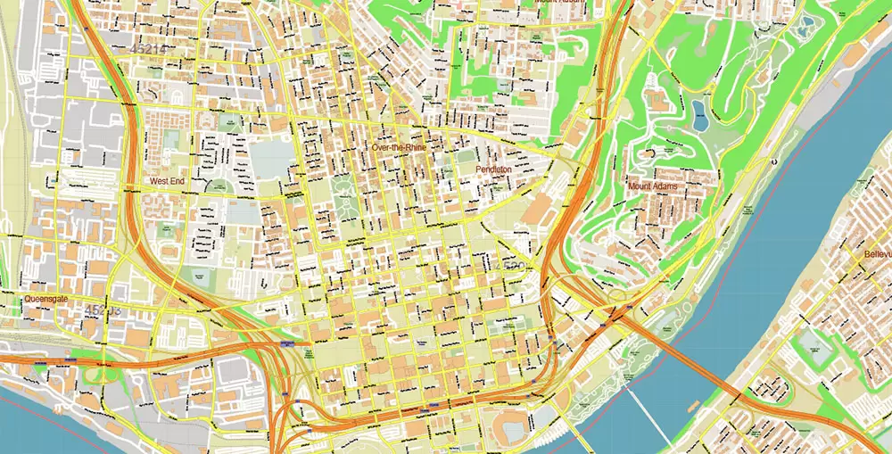 Cincinnati Ohio Metro Area US PDF Vector Map: Accurate High Detailed City Plan + ZIPcodes + Counties editable Adobe PDF Street Map in layers