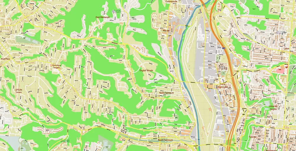 Cincinnati Ohio Metro Area US PDF Vector Map: Accurate High Detailed City Plan + ZIPcodes + Counties editable Adobe PDF Street Map in layers